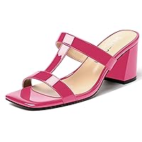Women's Square Toe Patent Slip On Casual Chunky Mid Heel Heeled Sandals 2.5 Inch