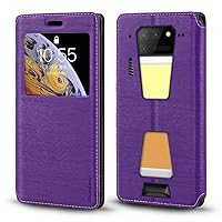 for Unihertz Tank 2 Case, Wood Grain Leather Case with Card Holder and Window, Magnetic Flip Cover for Unihertz 8849 Tank 2 (6.81”) Purple
