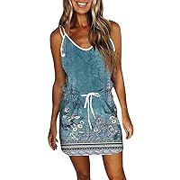 Summer Dresses for Women 2024 Printed V-Neck Sun Dress with Pocket Sleeveless Beach Dress Drawstring Strapless Dress