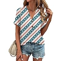 American Flag Days 4Th of July Shirts for Women Short Sleeve T Shirt Summer Trendy Hawaiian Beach V Neck Cotton Tops