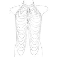 CCbodily Pearl Body Chain Bra - Fashion Shoulder Necklaces Bra Chain Body Jewelry(G-WHITE)