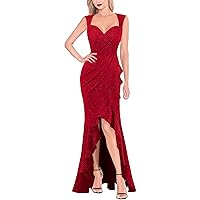 VFSHOW Womens Sexy Ruffle V Neck Ruched Formal Wedding Guest Prom Maxi Dress 2023 Sweetheart Evening Keyhole Back HI-LO Gown