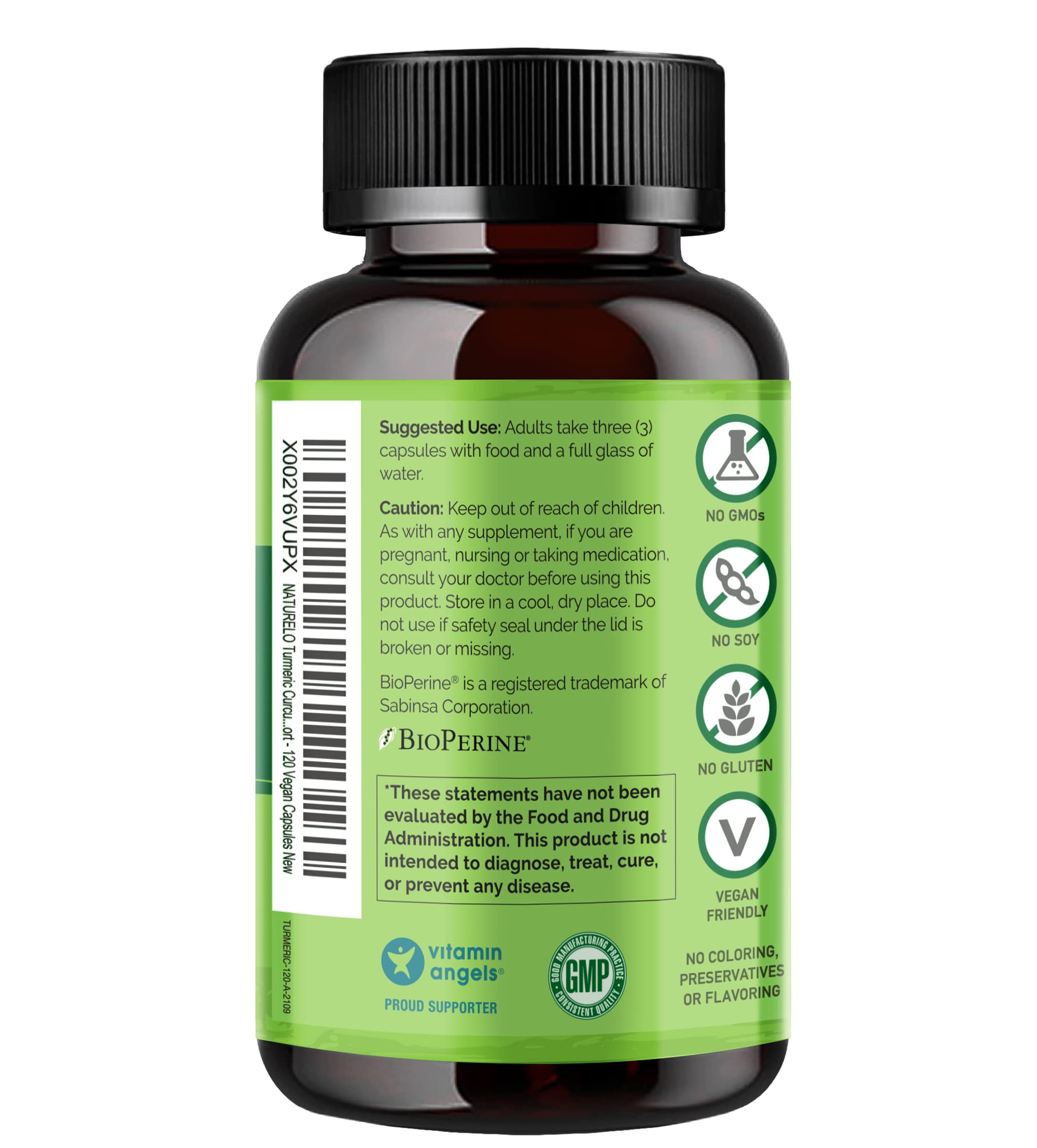 NATURELO Tumeric Curcumin, Plant Based Joint Support, Magnesium Glycinate, 200 mg Magnesium - Gluten Free, Non GMO - 120 Capsules