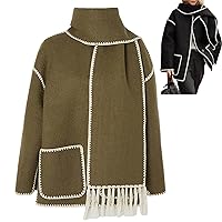 Hepburn Style Woolen Cape Coat,Womens Embroidered Scarf Jacket Oversized Wool Blend Coat with Scarf Fringe Jacket (Color : ARMY, Size : Small)