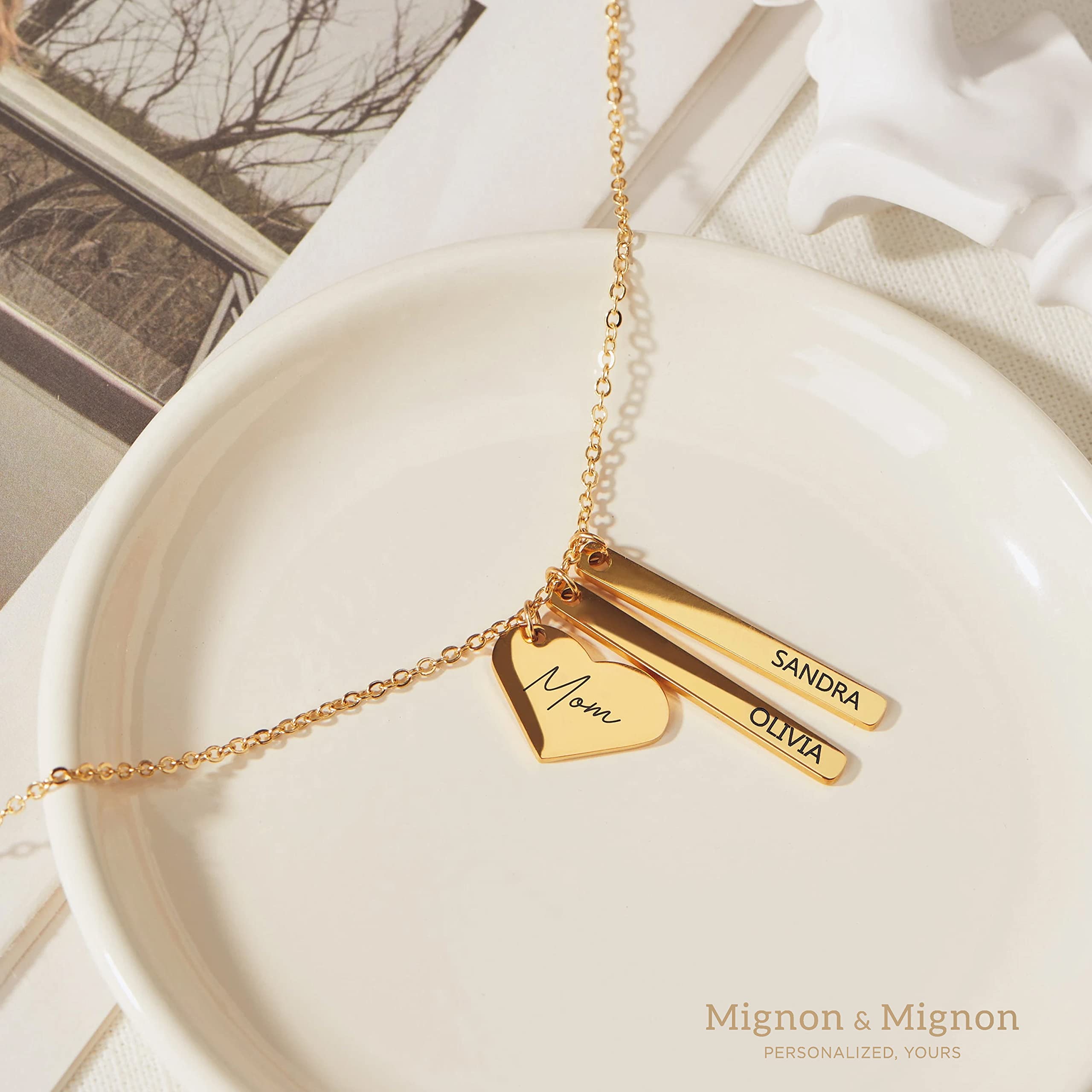 MignonandMignon Mothers Day Necklace with Kids Names Heart Vertical Bar Necklaces for Women Personalized Mom Gifts from Daughter Custom Jewelry Family Initial Name Best Friend Friendship Gift - H6N