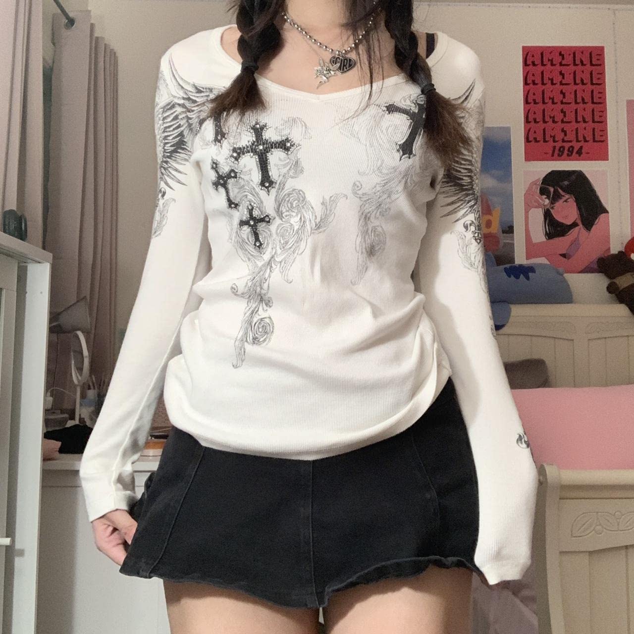 Women Y2K Long Sleeve Patchwork Lace Square Neck Crop Top Tshirt Slim Fit Harajuku Vintage Streetwear Blouse Tops