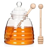 13.5 Oz Honey Pot with Dipper - Extra Honey Dipper Stick - Glass Honey Jar and Dipper Set - Honey Jars with Dipper - Honey Containers with Dipper - Honey Dispenser - Honey Holder