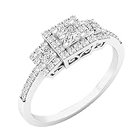 0.41 Carat (ctw) Princess & Round Lab Grown White Diamond 3 Stone Halo Filigree Vintage Bridal Engagement Ring for Her in 925 Sterling Silver