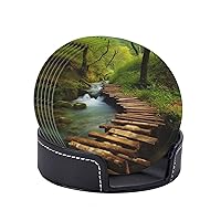 Wooden Bridge Stream Water Drink Coasters Set of 6 with Holder Leather Coasters Non-Slip Cup Mat for Home Tabletop Decor 4 Inch