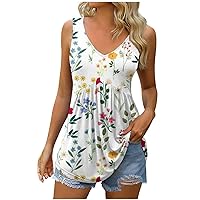 Tank Top Women Floral Pleated Tunic Tops Sexy V Neck Sleeveless Blouse Shirts Slim Fit Tanks Tanks for Women Trendy
