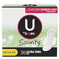 U by Kotex Security Ultra Thin Feminine Pads with Wings, Regular Absorbency, Unscented, 36 Count