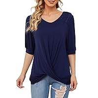 Womens Summer Tops 2024 V Neck T Shirts: Twist Front Tops Elbow Sleeve Tunic Tops for Women Casual Elegant