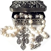 elegantmedical Handmade Silver White Pearls Bead Necklace Lasso Wedding Rosary Cross Crucifix Catholic gift