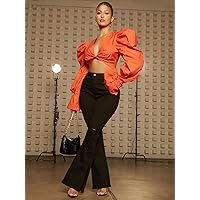 Womens Summer Tops Flounce Sleeve Twist Front Crop Top (Color : Orange, Size : X-Small)