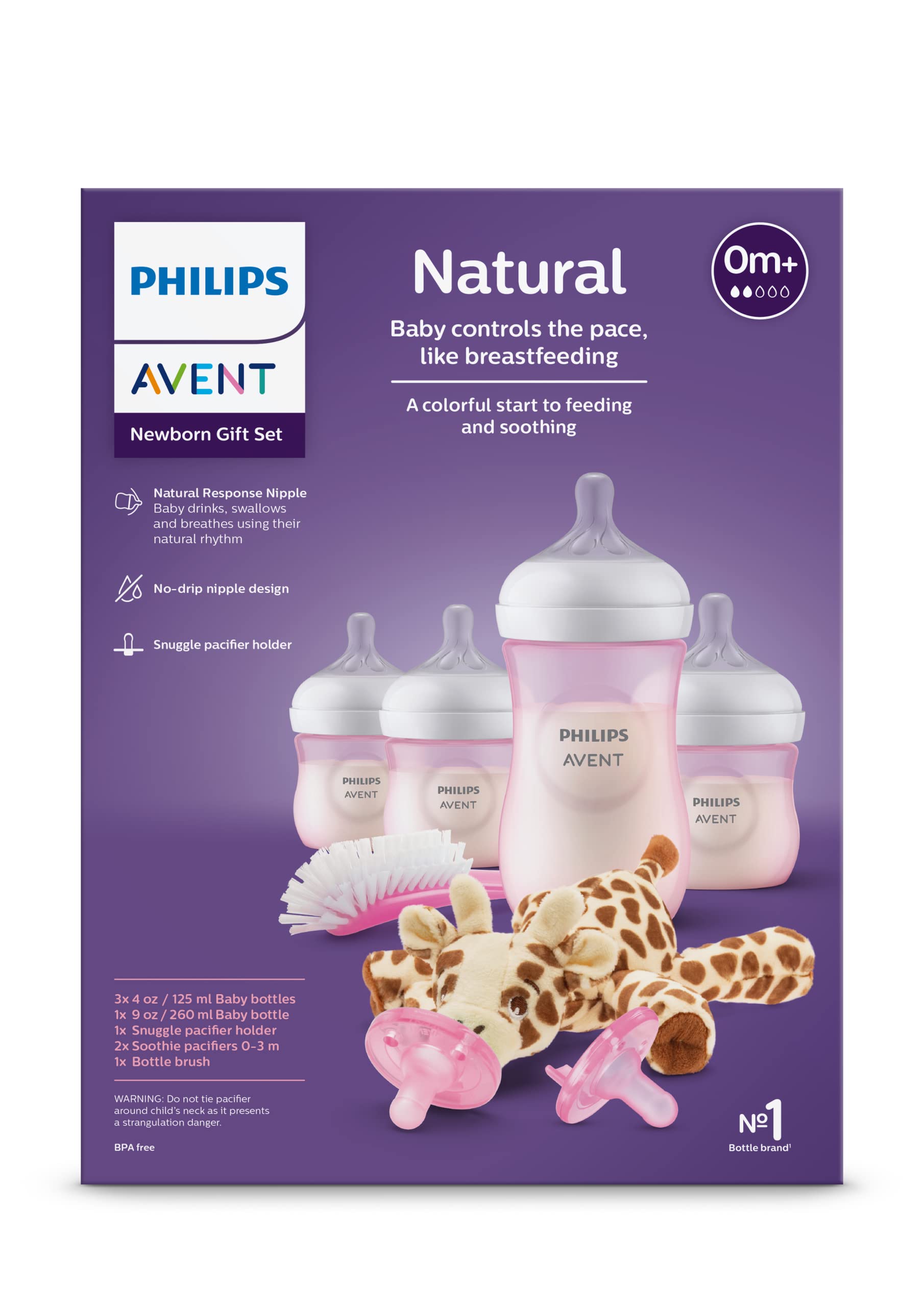 Philips AVENT Natural Baby Bottle with Natural Response Nipple, Pink Baby Gift Set with Snuggle, SCD838/03