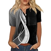 Womens Short Sleeve Tops Plus Size Henley Neck Buttons Sexy Shirts Dressy Blouses 2024 Geometric Tunic Sweatshirt