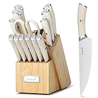 Kitchen Chef's Knife Set Block Utensils Set, German High Carbon Stainless Steel Razor-Sharp Blade Ergonomic Handle, Kitchen Knife Block Set with Built-in Sharpener, Elegant Gift(Ivory,15pcs）