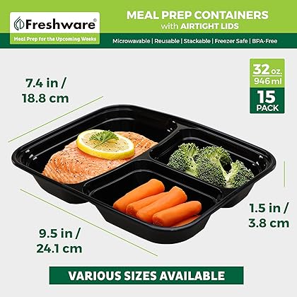 Freshware Meal Prep Containers [15 Pack] 3 Compartment with Lids, Food Containers, Lunch Box, Stackable, Bento Box, Microwave/Dishwasher Safe (32 oz)