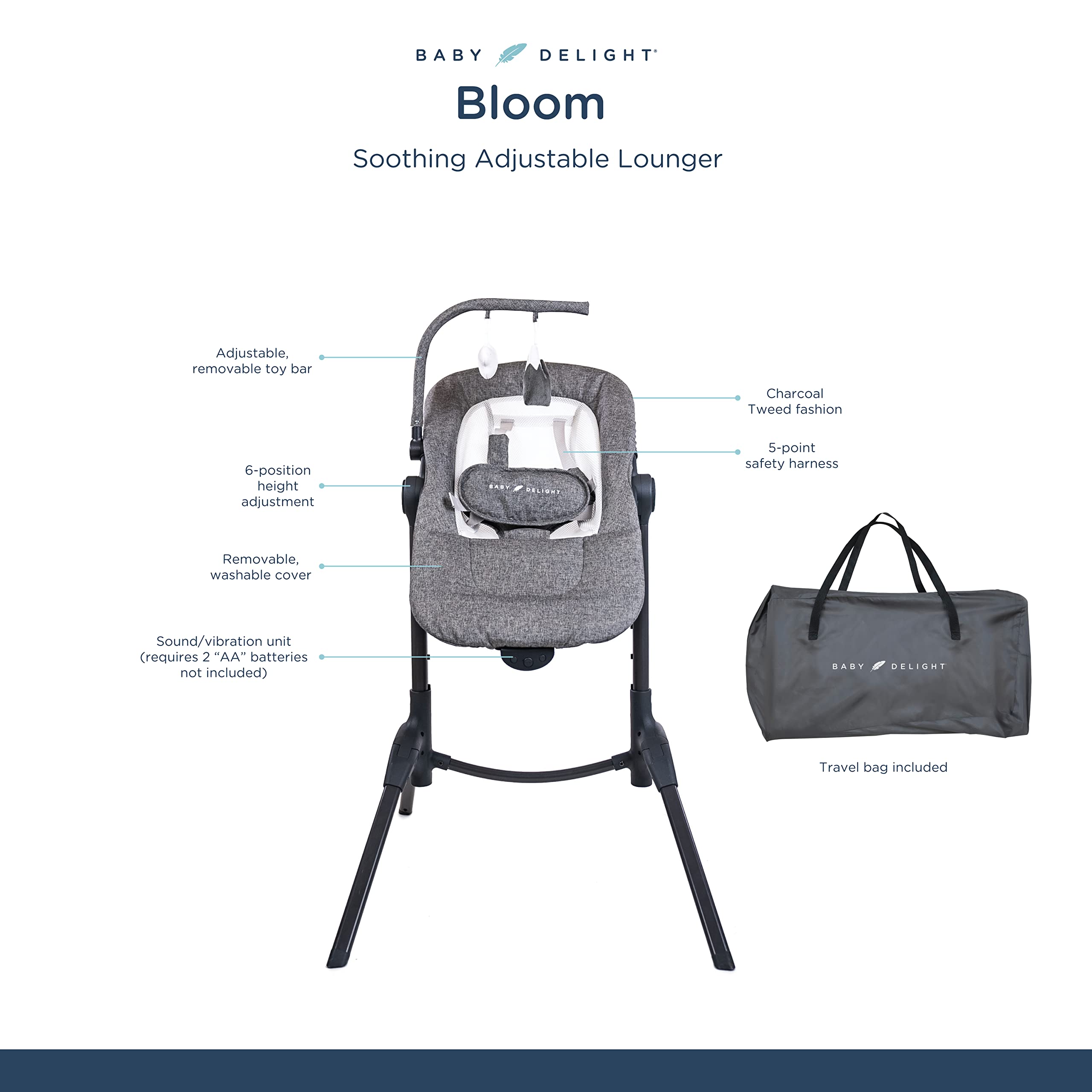 Baby Delight Bloom Baby Seat | Soothing and Adjustable Baby Chair | Portable and Compact | Charcoal Tweed