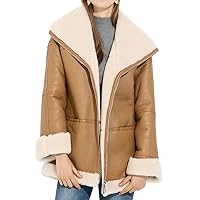 Women's Camel Brown Aviator Jacket Genuine Sheepskin Sherpa Shearling Eco-Fur Lining Fashionable Warmth