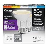 Feit Electric PAR20 LED Light Bulb, 50W Equivalent, Dimmable, Color Selectable 6-Way, E26 Medium Base, 90 CRI, 450 Lumens, Damp Rated Spotlight Bulb, 22-Year Lifetime, PAR20DM/6WYCA/2, 2 Pack