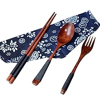 Japanese Wooden Chopsticks Spoon Fork Tableware 3pcs Set New Gift (1 Set, Brown)
