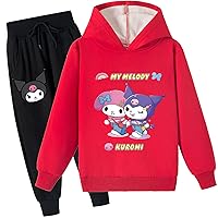 Kids Girls Brushed Loose Fit Tracksuit,Classic Long Sleeve Hoodie with Pants Kuromi Baggy Sweatsuit for Children