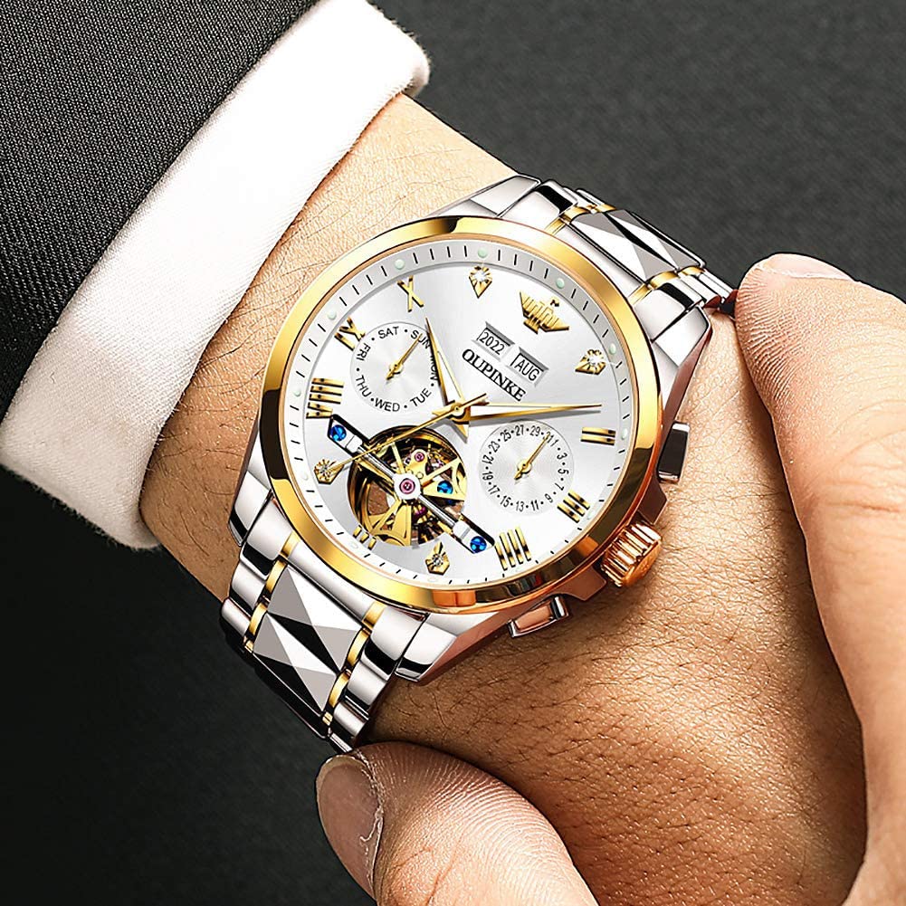 OUPINKE Mens Watches Automatic Skeleton Tourbillon Self Winding Luxury Sapphire Crystal Business Dress Wristwatch