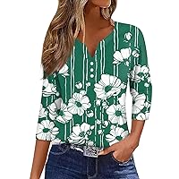 Womens Tops 3/4 Length Sleeve Floral Print Dressy Casual Henley V Neck Tee Shirts for Women Button Down Summer Blouses