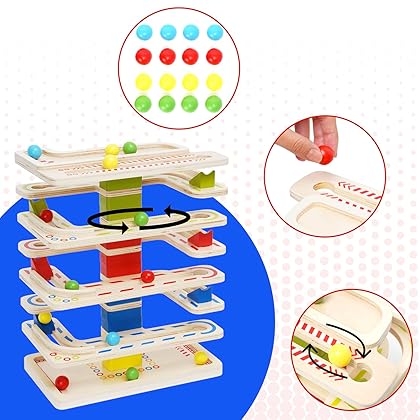 Wooden Marbles Run Ball Drop Toys 8-Tier Rolling Tower Toys with 16 Balls Ramp Whirling Game Educational Learning Toys for Gifts 3 4 5 6 7 8 Years Toddler Boys Girls