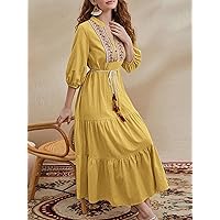 Women Dresses Tie Neck Lantern Sleeve Tassel Detail Ruffle Hem Belted Dress (Color : Mustard Yellow, Size : Medium)