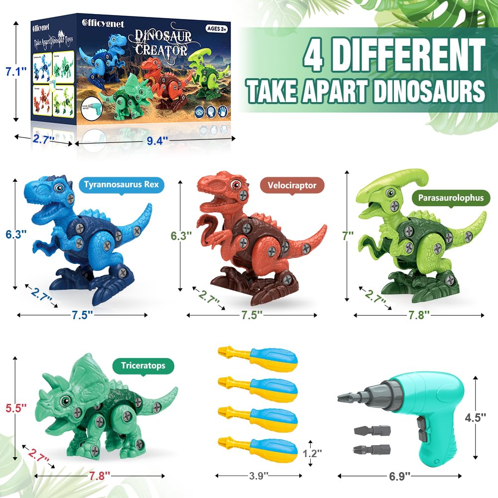 Officygnet Dinosaur Toys for 3 4 5 6 7 Year Old Boys, Take Apart Dinosaur Toys for Kids 3-5 5-7, STEM Construction Building Kids Toys with Electric Drill, Ideal Dinosaur Party Birthday