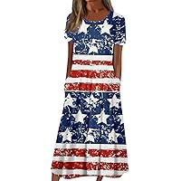 Women Short Sleeve Spring Dress 2024 4th of July Patriotic Long Dress 2024 Summer Casual Boho Dress with Pockets