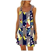 Sundresses for Women,2024 Casual Loose Sling Round Neck Mini Dress,Trendy Striped Drawstring T Shirt Dress