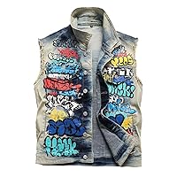 Men's Stretch Denim Vest with Graffiti Print,Punk Loose Tank Top Waistcoat
