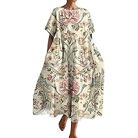Lightning Deals of Today Prime Clearance, Dresses for Women 2024, Short Outfits Long Floral Spring Trendy Womens Oversized Printed Sleeve Loose Large Pocket Dress (3XL, Beige)