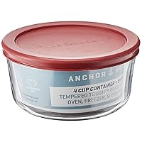 Anchor Hocking 4 Cup Glass Storage Containers with Lids, Set of 4 Glass Food Storage Containers with Red SnugFit Lids