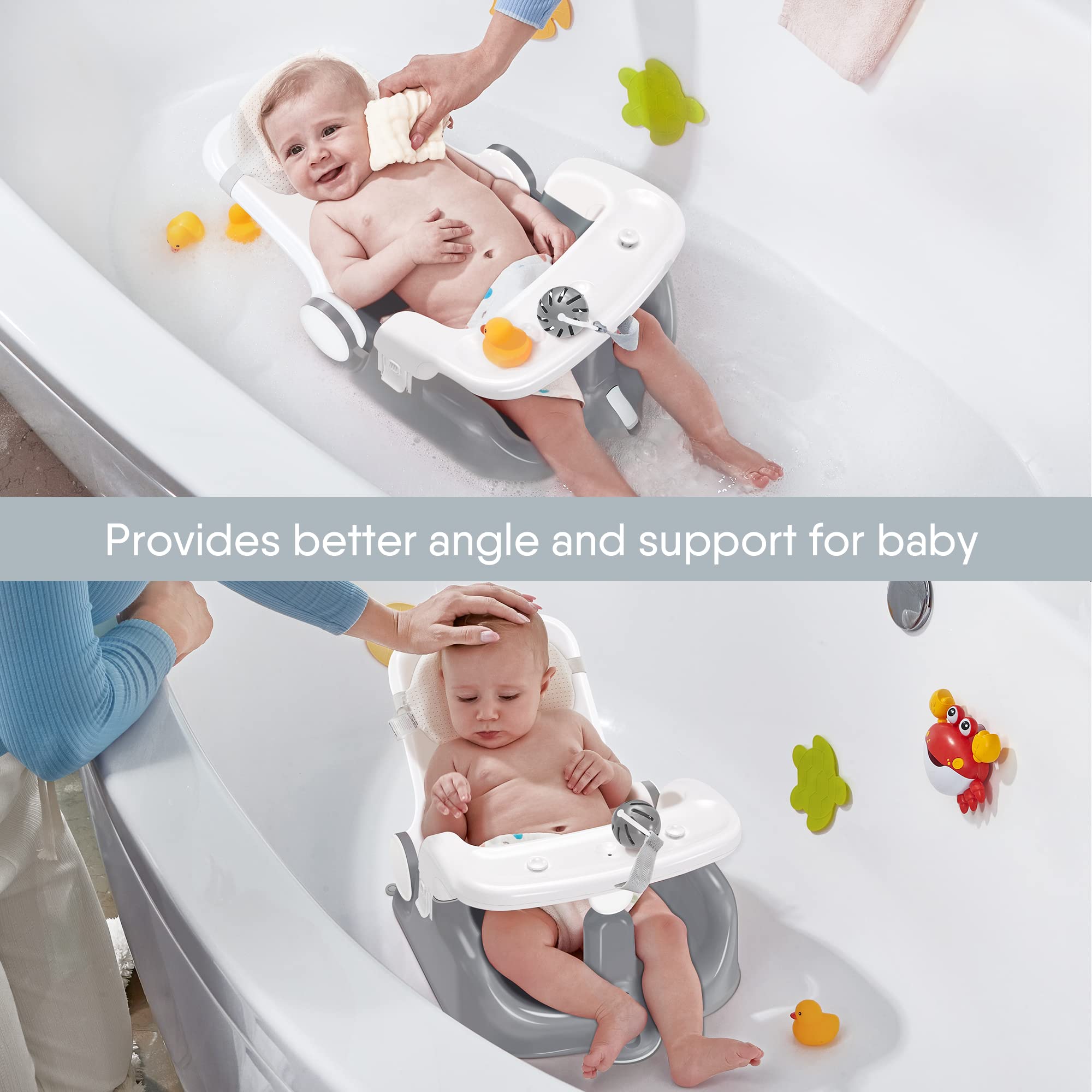 BabyBond Baby Bath Seat with Sitting & Lying 2 Modes, 3-Speed Adjustment, Powerful Suction Cups, Infant Bathtub Chair with Washable Pillow, Folding and Hanging (Grey)