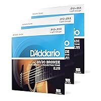 D'Addario Guitar Strings - Acoustic Guitar Strings - 80/20 Bronze - For 6 String Guitar - Deep, Bright, Projecting Tone - EJ11-3D - Light, 12-53 - 3-Pack.