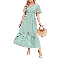 KOJOOIN Women's Lace Short Sleeve Maxi Dress V Neck High Elastic Waist Casual Flowy Beach Dress