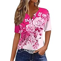 Tops for Women Trendy T Shirt Tee Print Button Short Sleeve Daily Fashion Basic V- Neck Regular Top