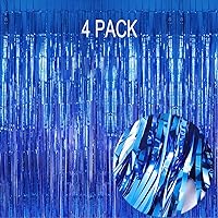 Blue Foil Fringe Curtain- 4 Pack of 3.2x8.2ft Blue Streamers Backdrop Curtains for Blue Party Decorations Blue Photo Booth Backdrop