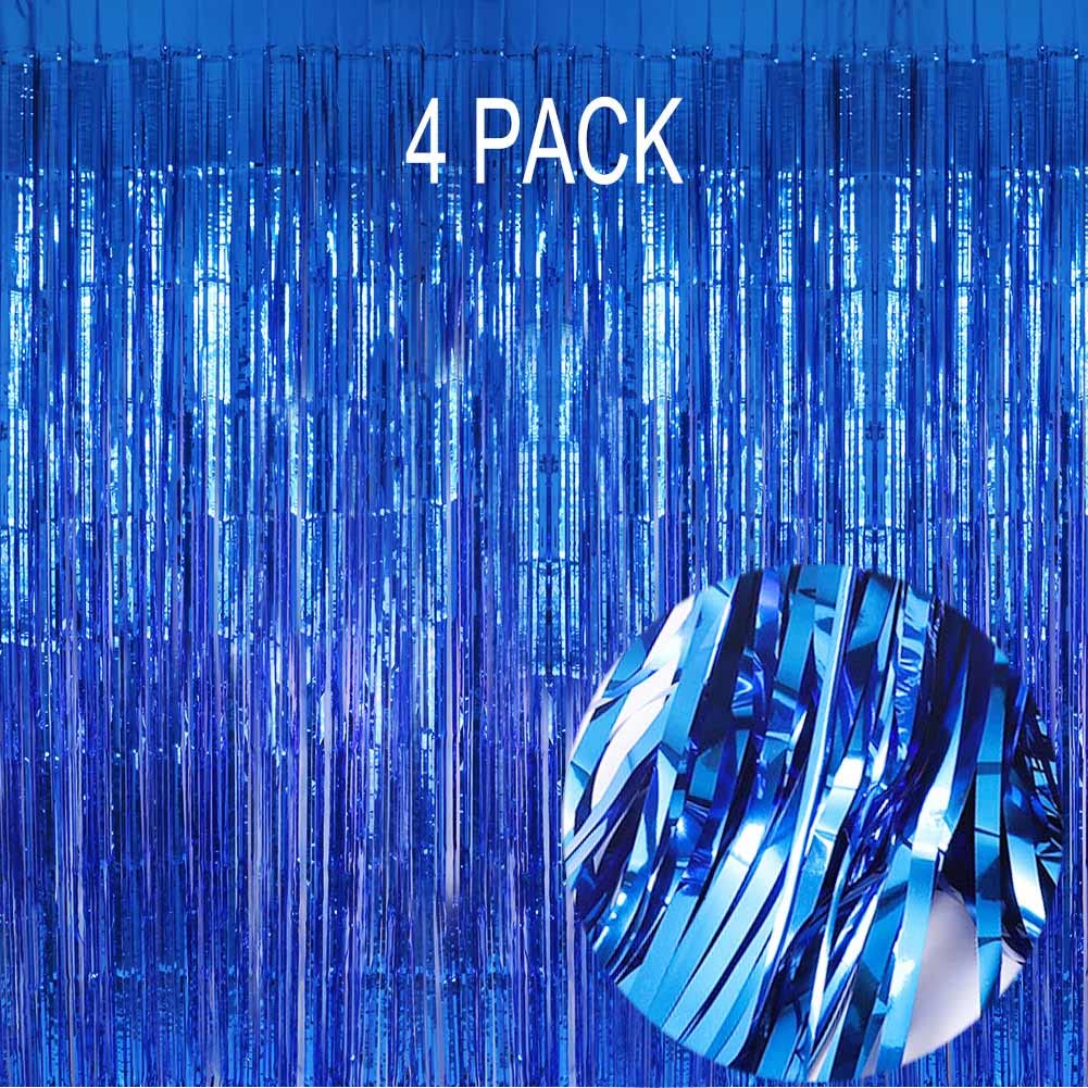 Blue Foil Fringe Curtain- 4 Pack of 3.2x8.2ft Blue Streamers Backdrop Curtains for Blue Party Decorations Blue Photo Booth Backdrop