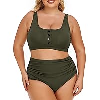 Summer Mae Plus Size Women Ribbed Bikini Set Two Piece High Waist Swimsuit Scoop Top Tummy Control Bathing Suit Swimwear