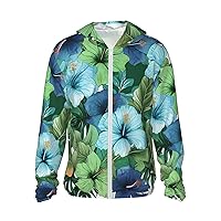 Men's Sun Protection Sports Shirts Women's Long Sleeve Running Shirt Green and Blue Hibiscus Flowers Sun Clothing 3X-Large