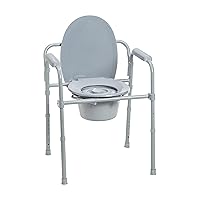 Drive Medical RTL11158KDR Folding Steel Bedside Commode Chair, Portable Toilet, 350 Pound Weight Capacity with 7.5 Qt. Bucket, Grey