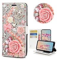 STENES Bling Wallet Phone Case Compatible with Samsung Galaxy S24 Ultra 5G Case - Stylish - 3D Handmade Crystal Rose Crown Bow Flowers Magnetic Wallet Stand Girls Women Leather Cover - Pink