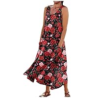 2024 Trendy Women Clothes Beach Dresses for Women 2024 Floral Print Bohemian Casual Loose Fit Flowy with Sleeveless U Neck Linen Dress Red 4X-Large