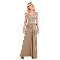 Chiffon Mother of The Bride Dresses Long Lace Appliques V-Neck Pleat Formal Dress with Sleeves HGR2