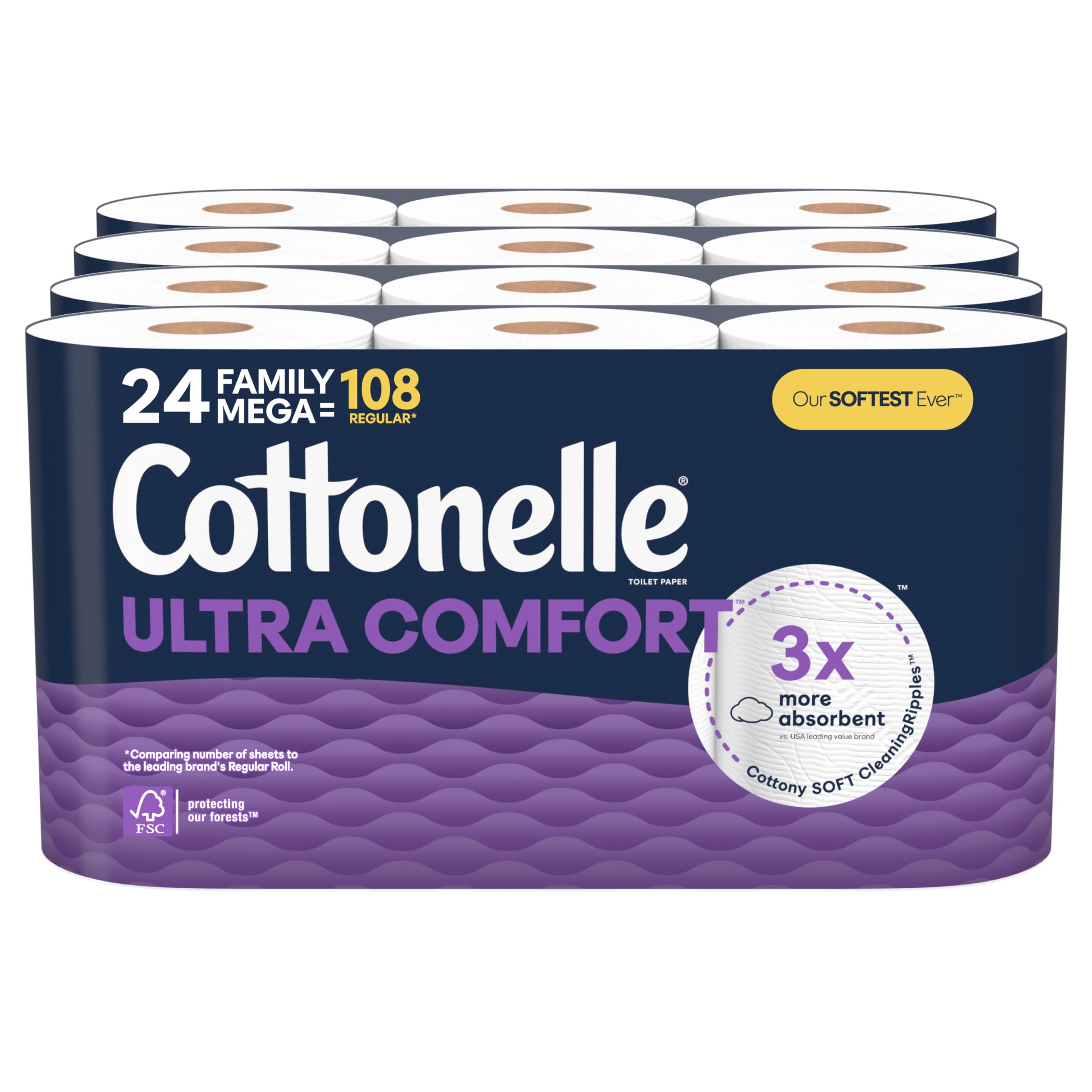 Cottonelle Ultra Comfort Toilet Paper with Cushiony CleaningRipples Texture, 24 Family Mega Rolls (24 Family Mega Rolls = 108 Regular Rolls) (4 Packs of 6), 296 Sheets per Roll, Packaging May Vary